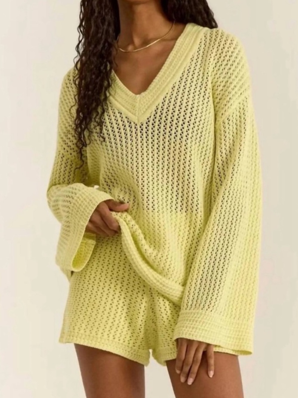 NWT Z Supply Kiami V Neck Crochet oversized sweater in Limeaide